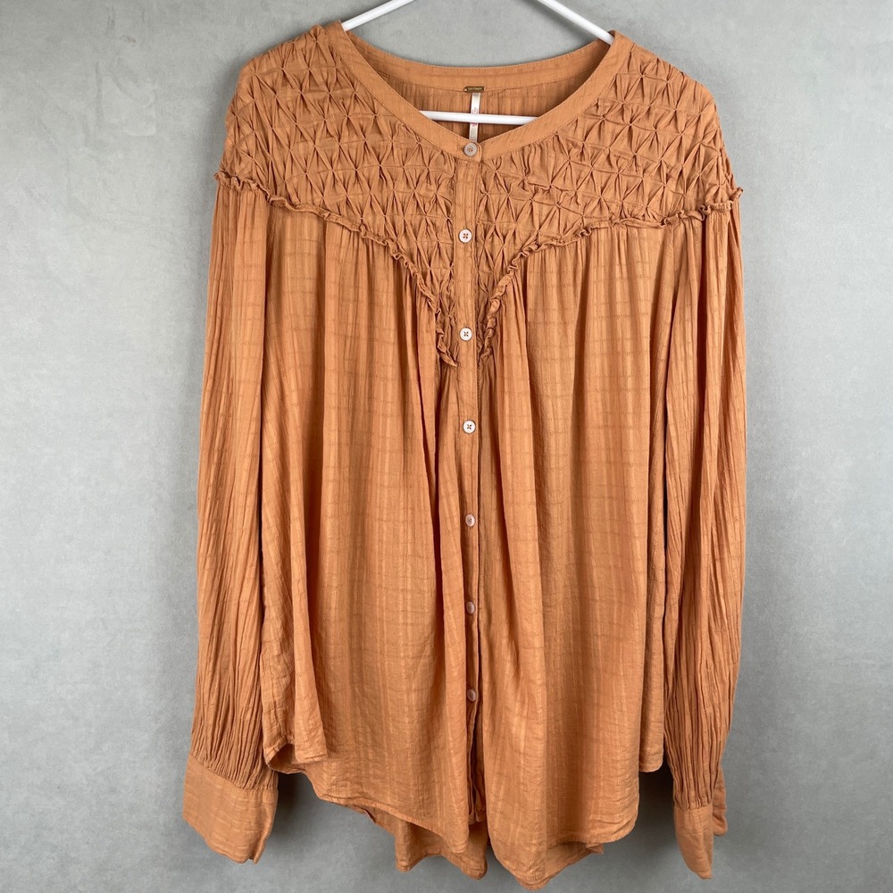 Free People Terracotta Smocked Button Front Gauze Peasant Blouse L Boho Hip Read